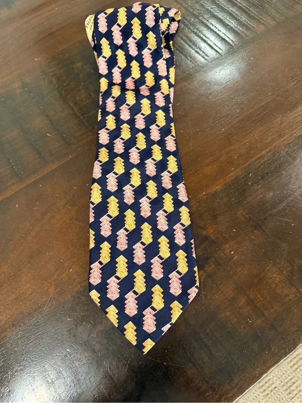 Valentino Silk from Italy Navy Tie with Yellow and Pink Chevron Motif